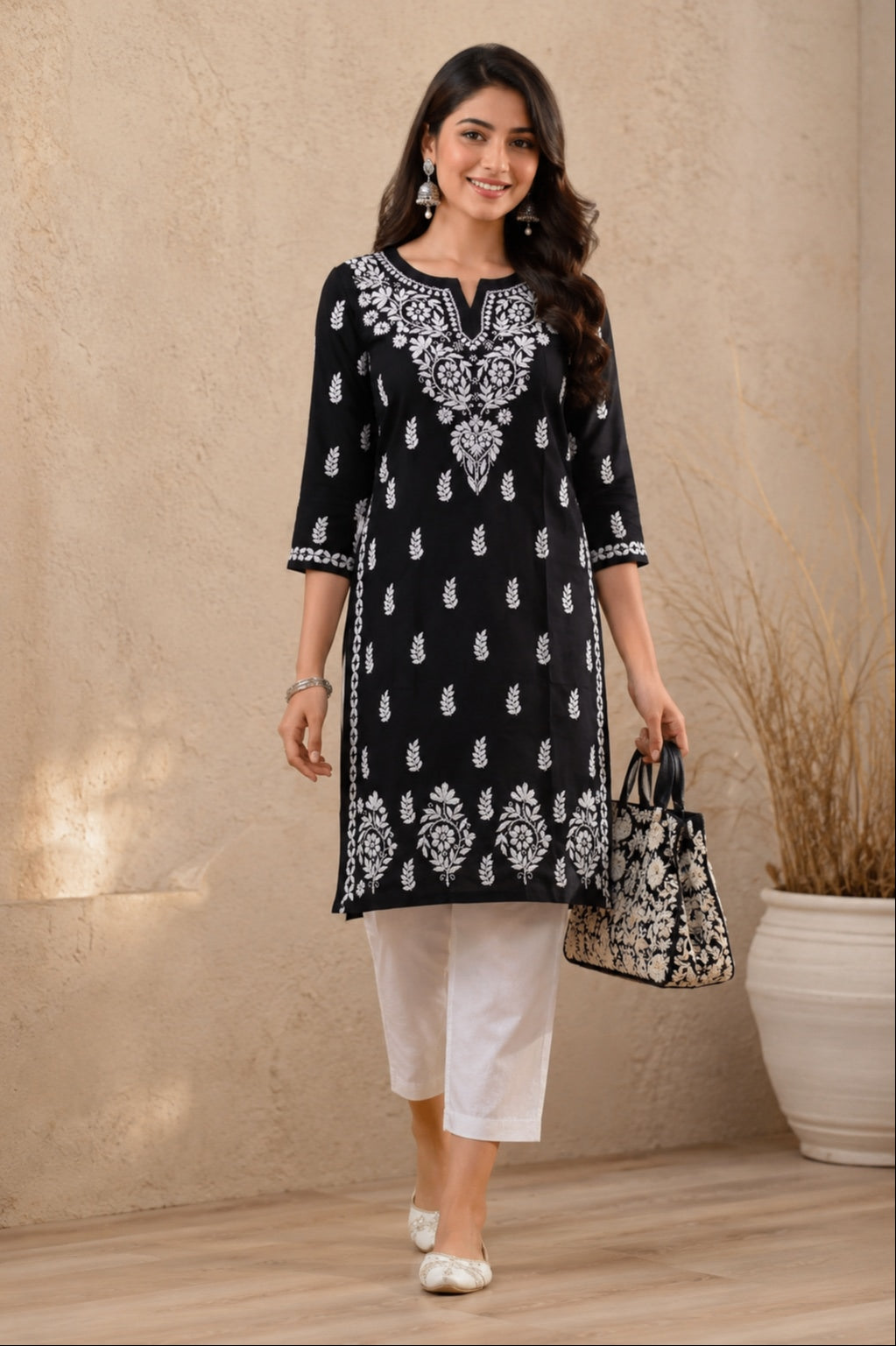 Karigiri Black Lucknowi Chikankari Hand Embroidered Soft Mulmul Cotton Straight Kurti for Women_KFB0412