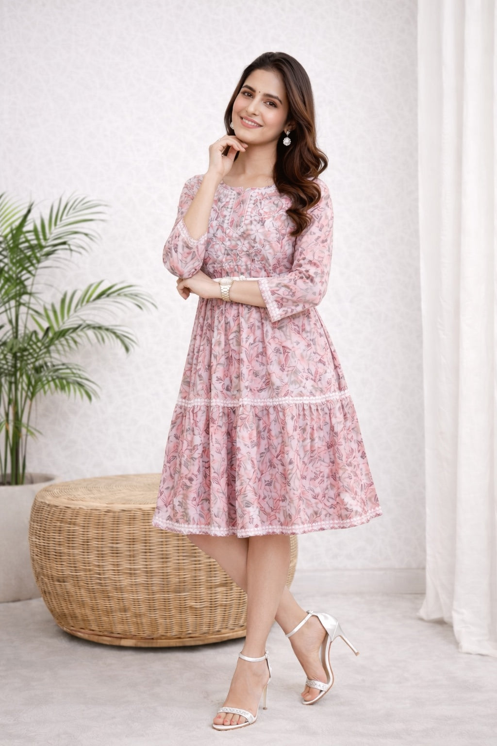Karigiri Pink Lucknowi Chikankari Floral Printed Cotton Kurti_KF0212