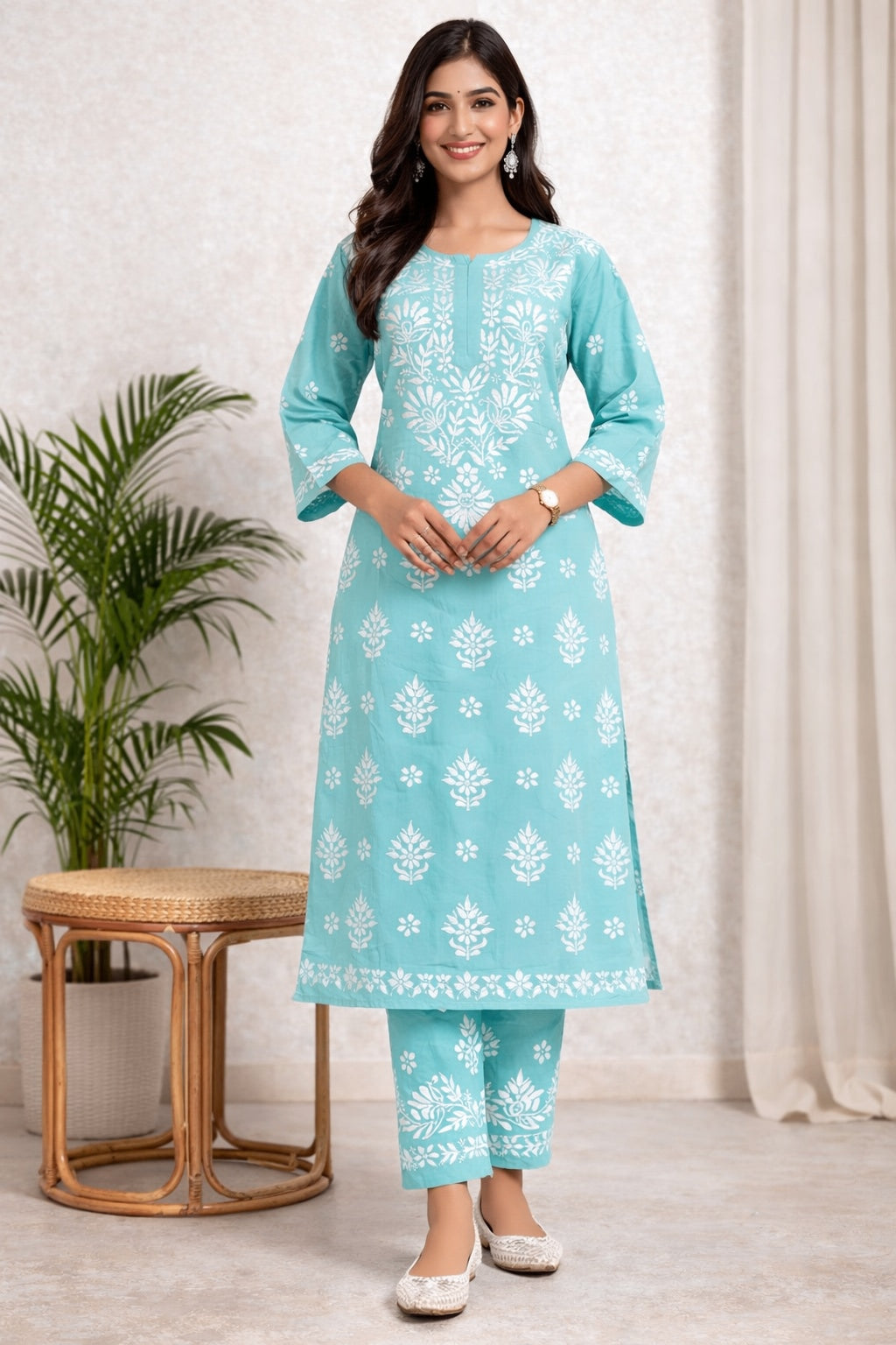 Karigiri Sea Green Chikankari Cotton Kurti Set_KF0165