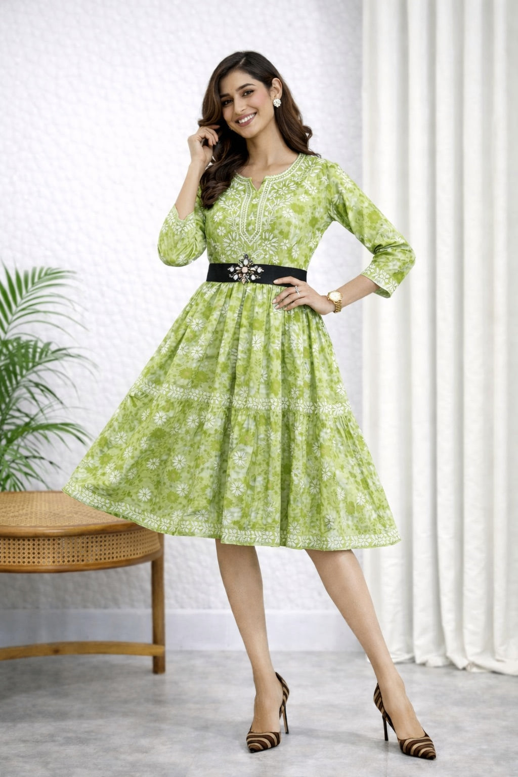 Karigiri Green Chikankari Printed Cotton Frock Kurti_KF0106