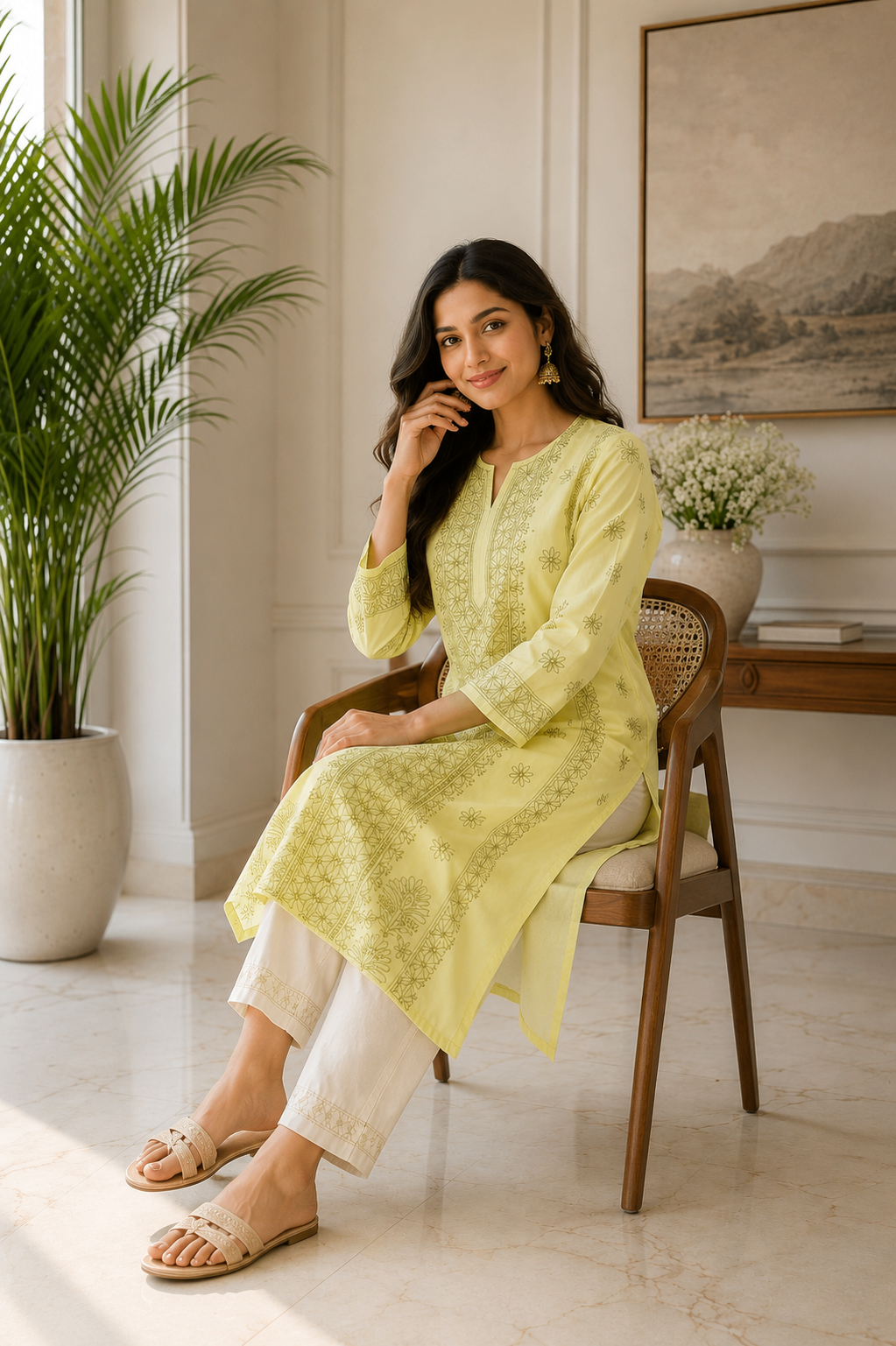 Karigiri Lemon Yellow Chikankari Cotton Kurti_KF0114