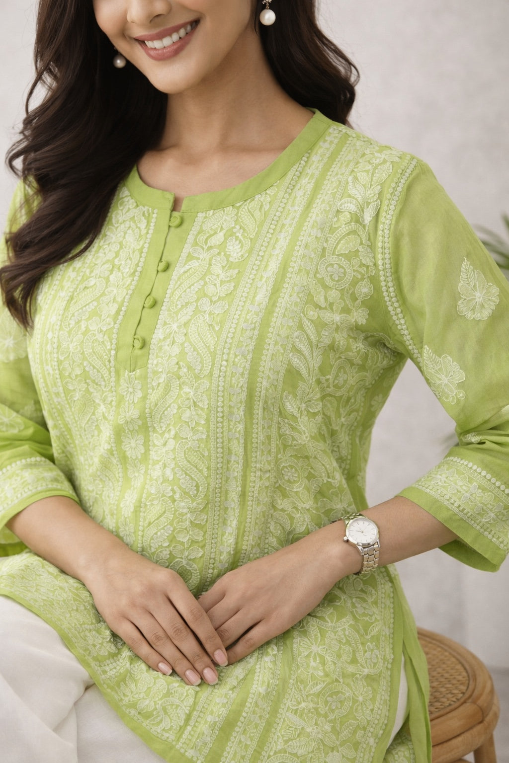 Karigiri Lime Green Georgette Chikankari Short Kurti_KF0120