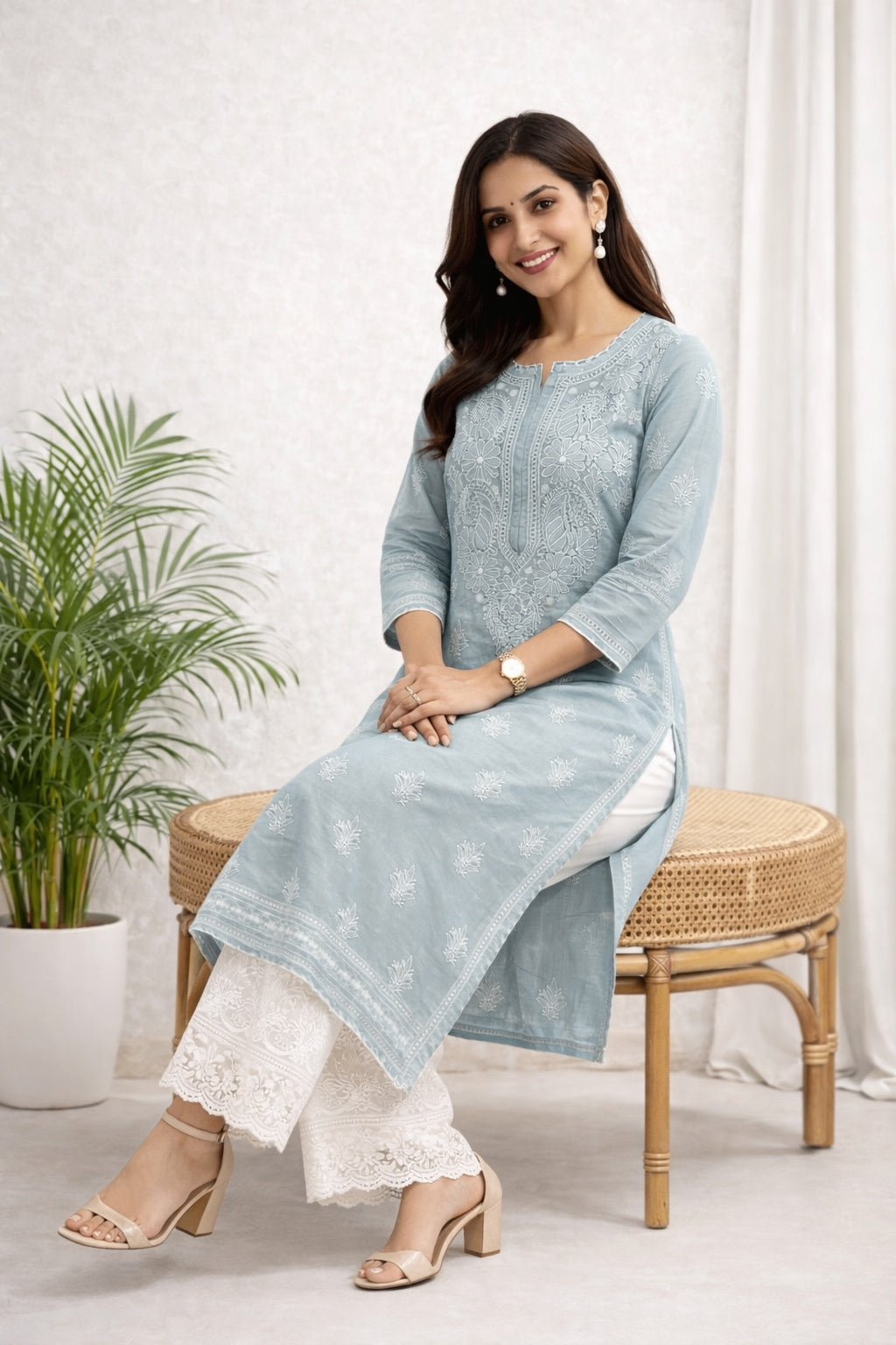 Karigiri Grey Chikankari Cotton Kurti Crosia Work_KF0037