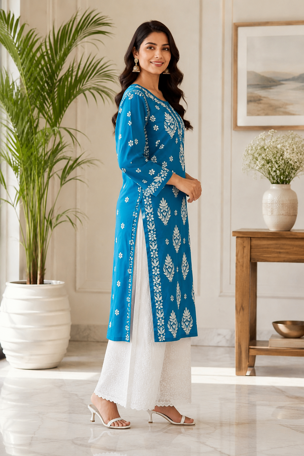 Karigiri Royal Blue Chikankari Mulmul Cotton Kurti_KF0174