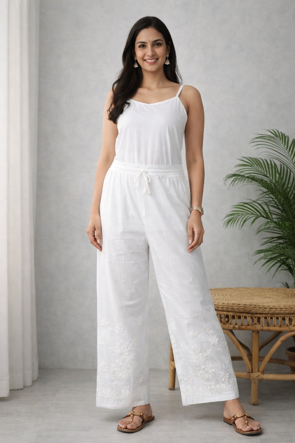 Karigiri White Chikankari Cotton Palazzo Pants_KF0208