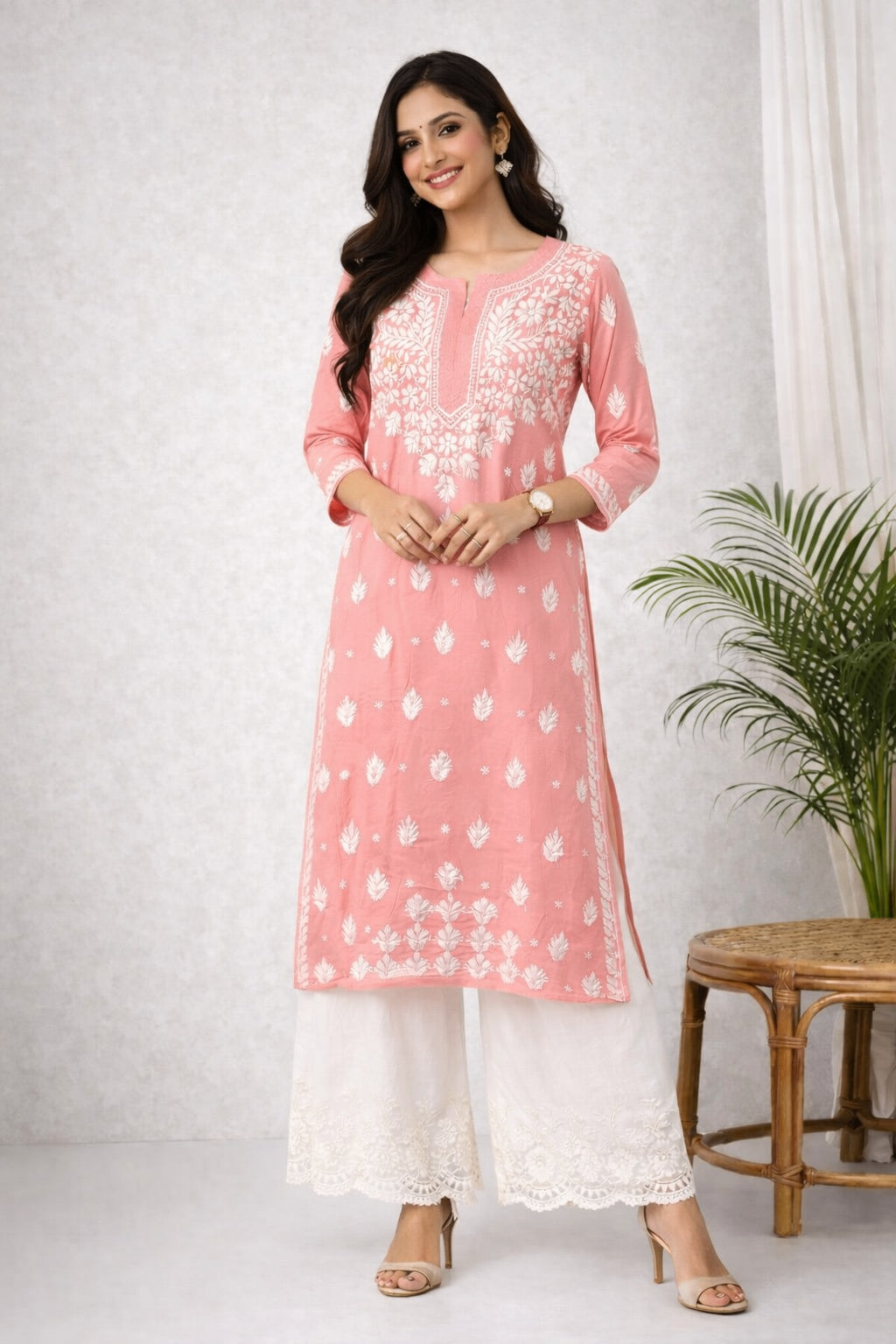 Karigiri Peach Pink Chikankari Cotton Kurti Women_KF0104