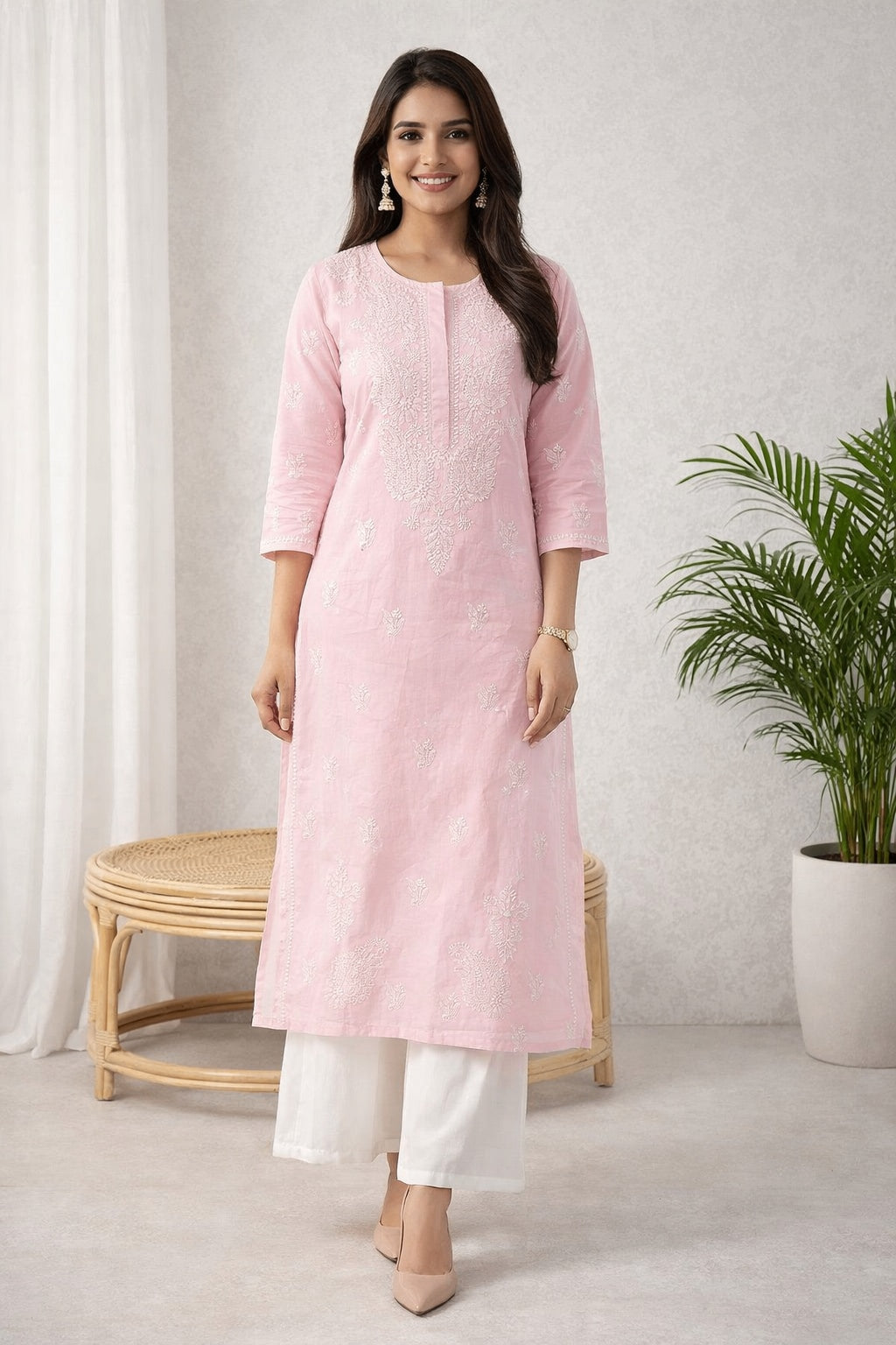 Karigiri Pink Chikankari Cotton Kurti for Women_KF0152