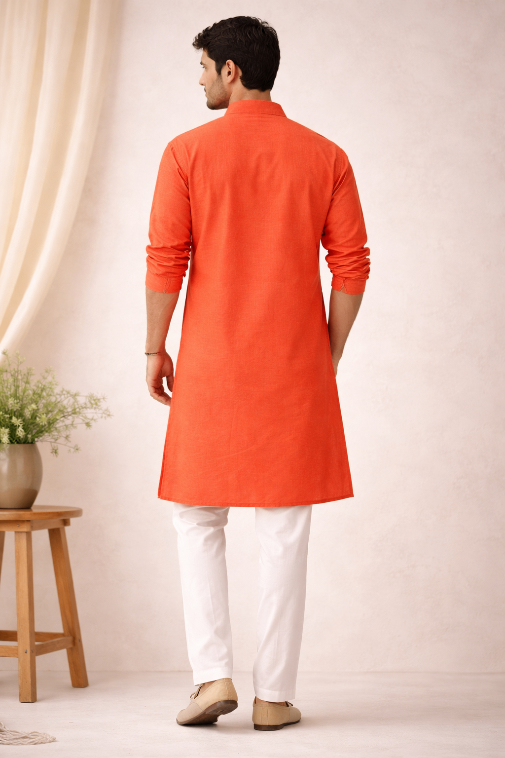Karigiri Men's Saffron Orange Chikankari Cotton Kurta_KF0168