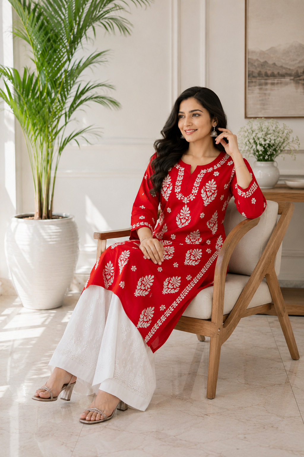 Karigiri Red Chikankari Mulmul Cotton Kurti Women_KF0066