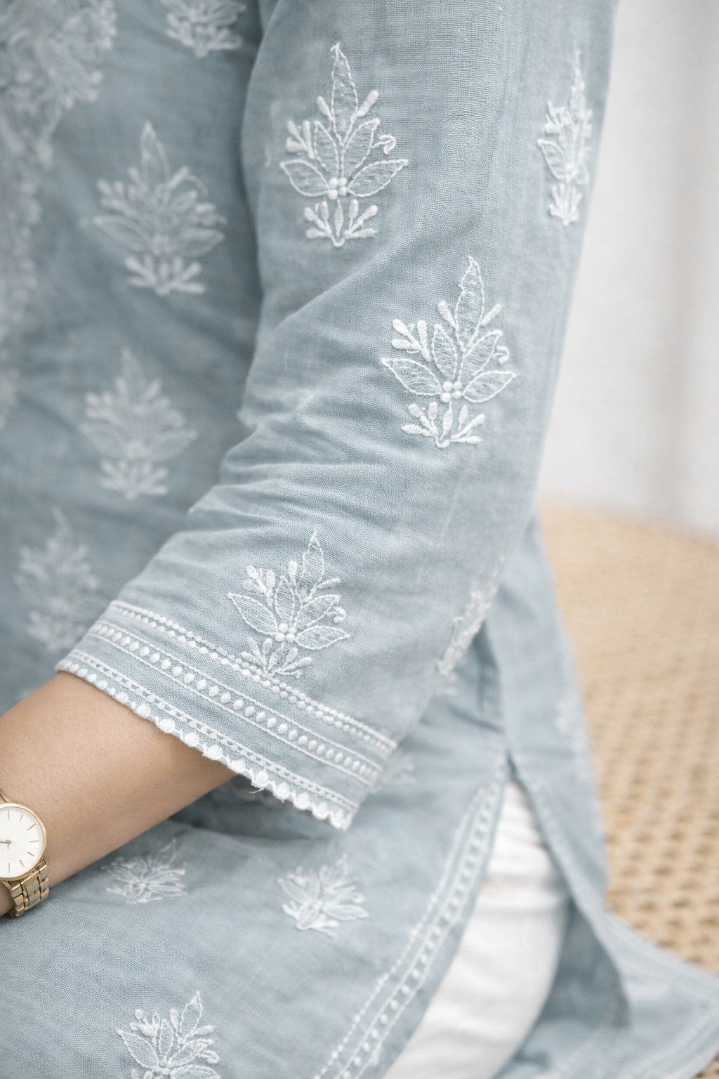 Karigiri Grey Chikankari Cotton Kurti Crosia Work_KF0037