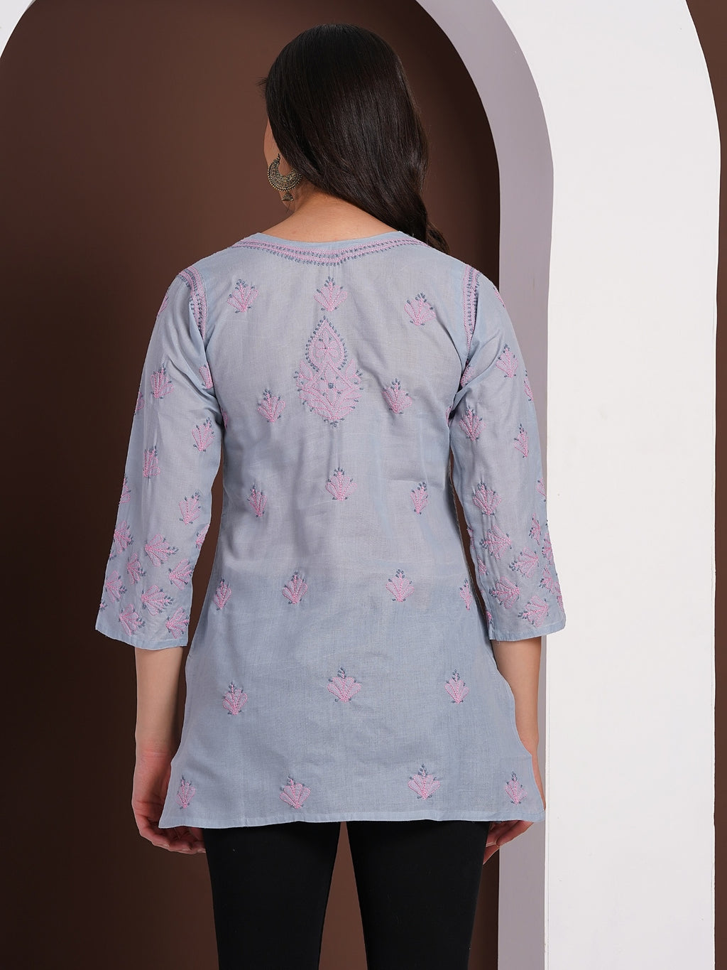 Karigiri Lucknowi Chikankari Hand Embroidered Pure Cotton Gray Short Kurti, 3/4 Sleeve, Ethnic Wear for Women