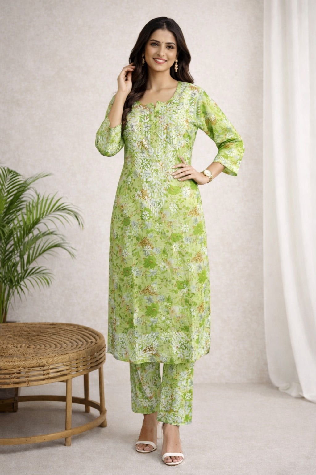 Karigiri Green Chikankari Cotton Kurti Set_KF0032