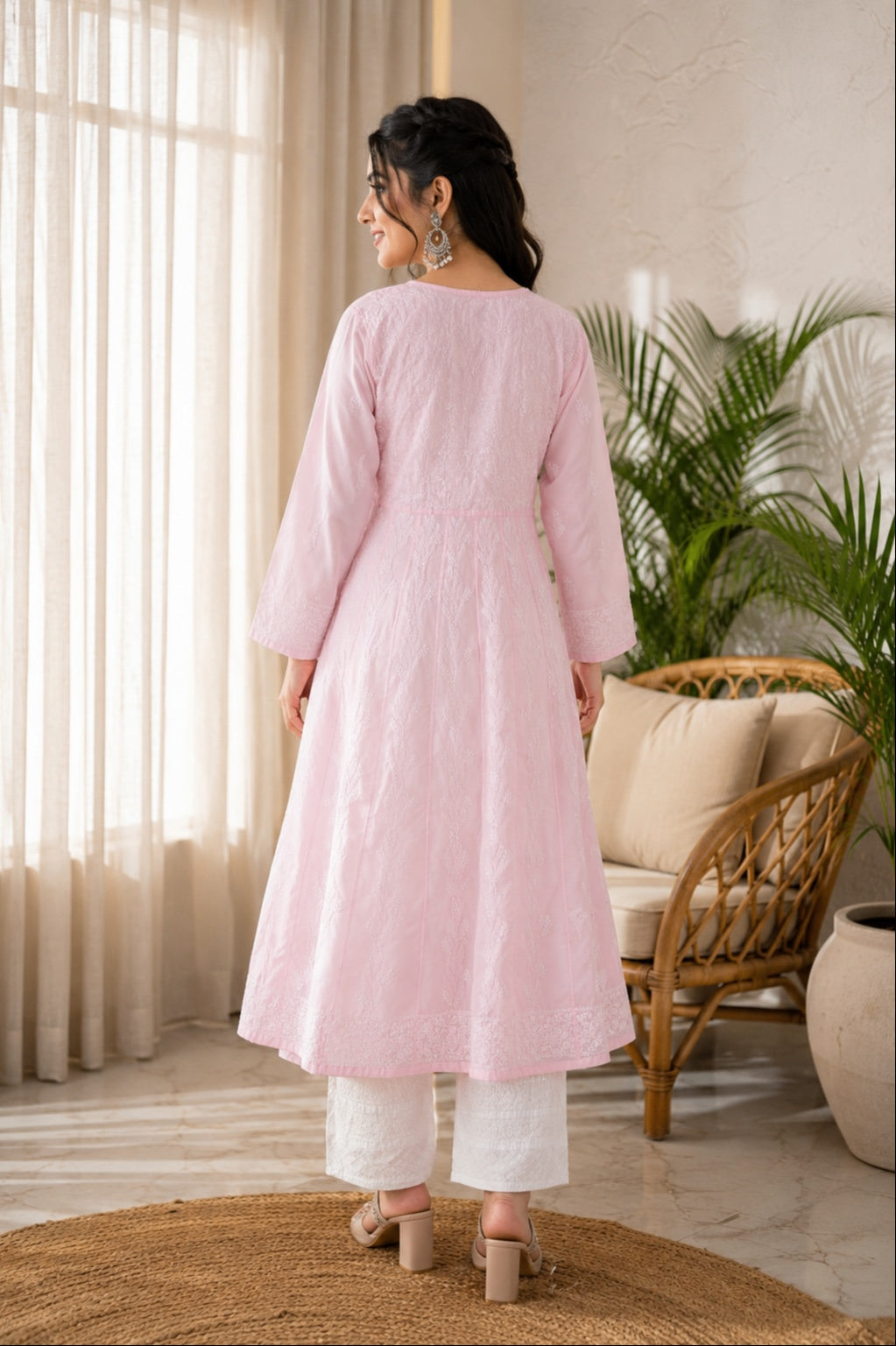 Karigiri Baby Pink Hand Embroidered Chikankari Cotton Anarkali Kurti