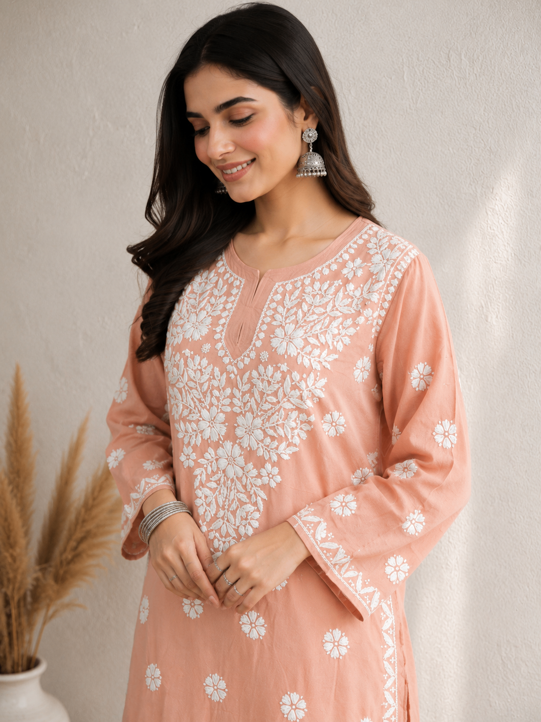 Karigiri Peach Pink Lucknowi Chikankari Hand Embroidered Mulmul Cotton Straight Kurti with White Floral Embroidery, 3/4 Sleeve, Ethnic Wear for Women_KFPP0414