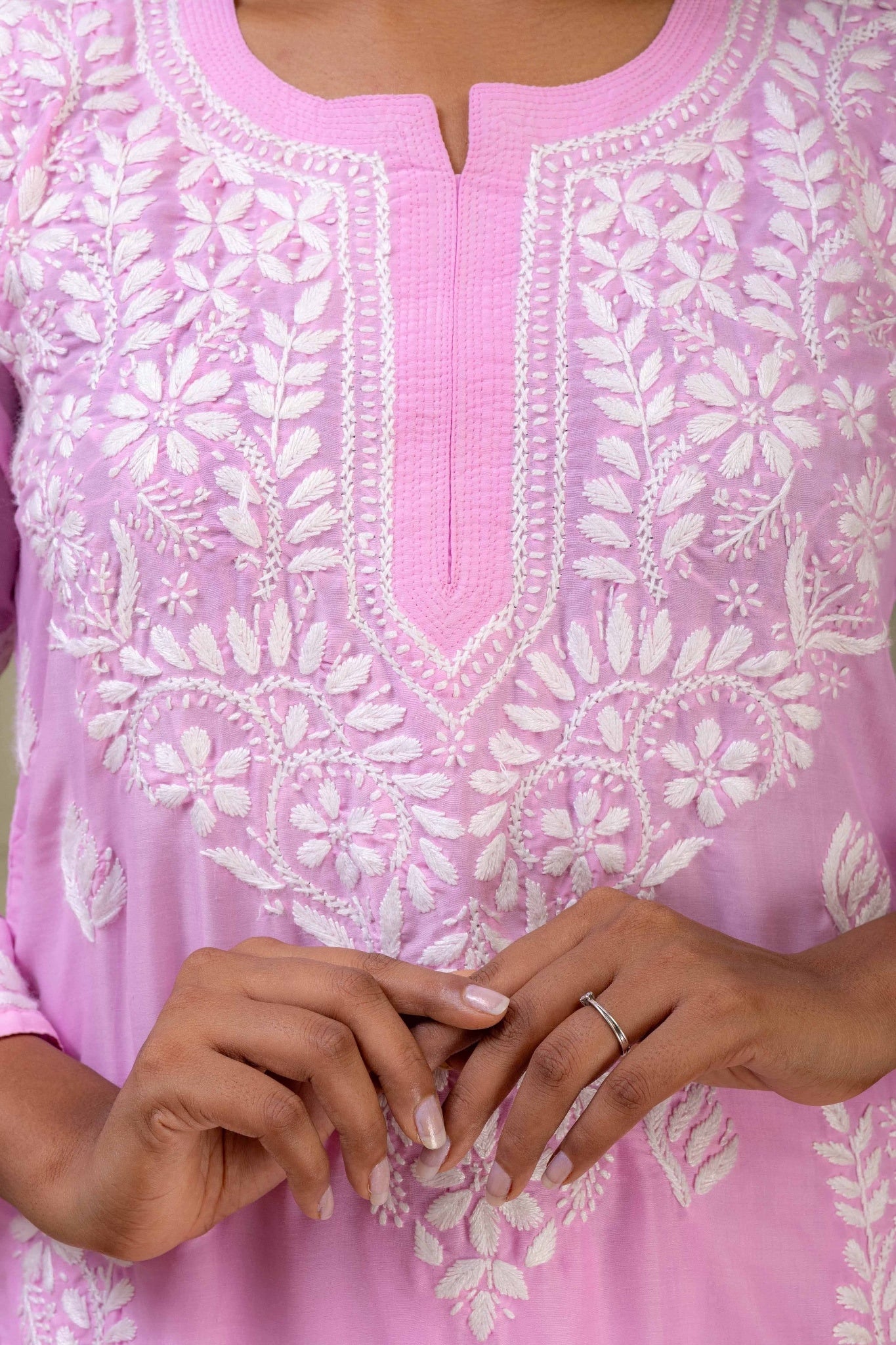 Karigiri Baby Pink Chikankari Hand Embroidered Muslin Kurti Set with White Floral Motifs, 3/4 Sleeves