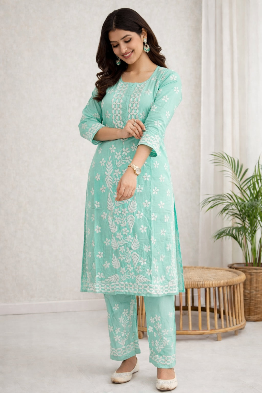 Karigiri Mint Green Chikankari Cotton Kurti Set_KF0126
