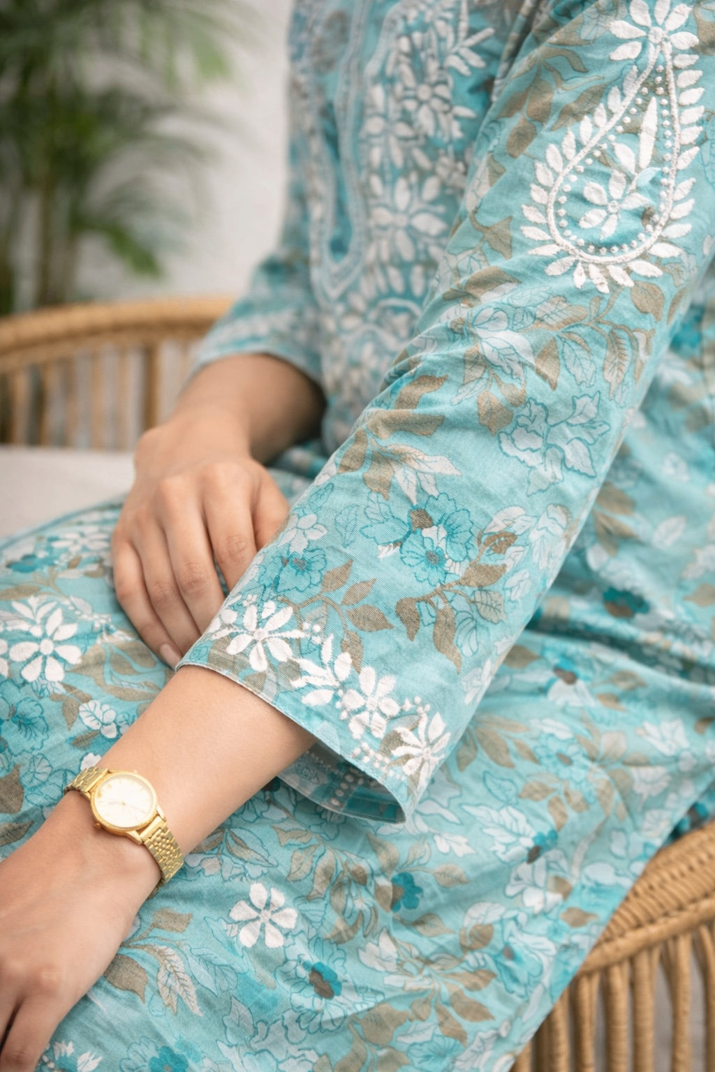 Karigiri Sea Green Floral Chikankari Kurti Set Printed Cotton_KF0166