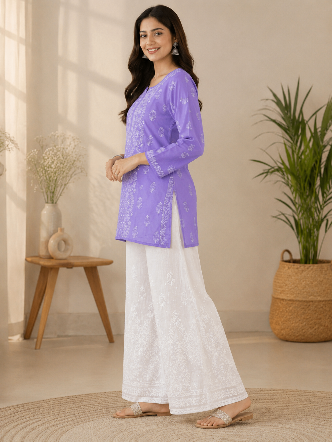 Karigiri Lavender Hand Embroidered Cotton Short Kurti_KF0301