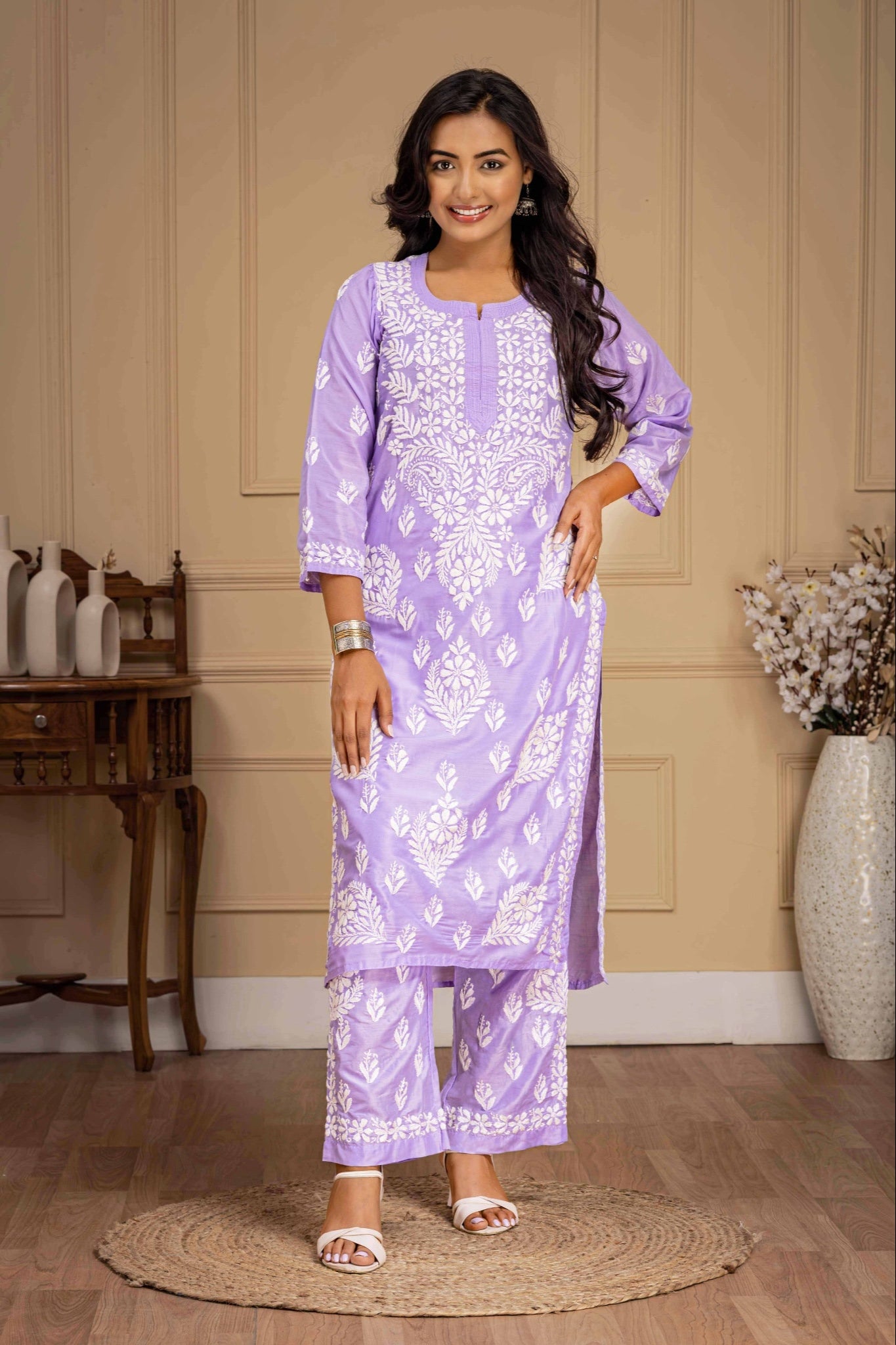 Karigiri Lavender Chikankari Hand Embroidered Muslin Kurti Set with White Floral Motifs, 3/4 Sleeves