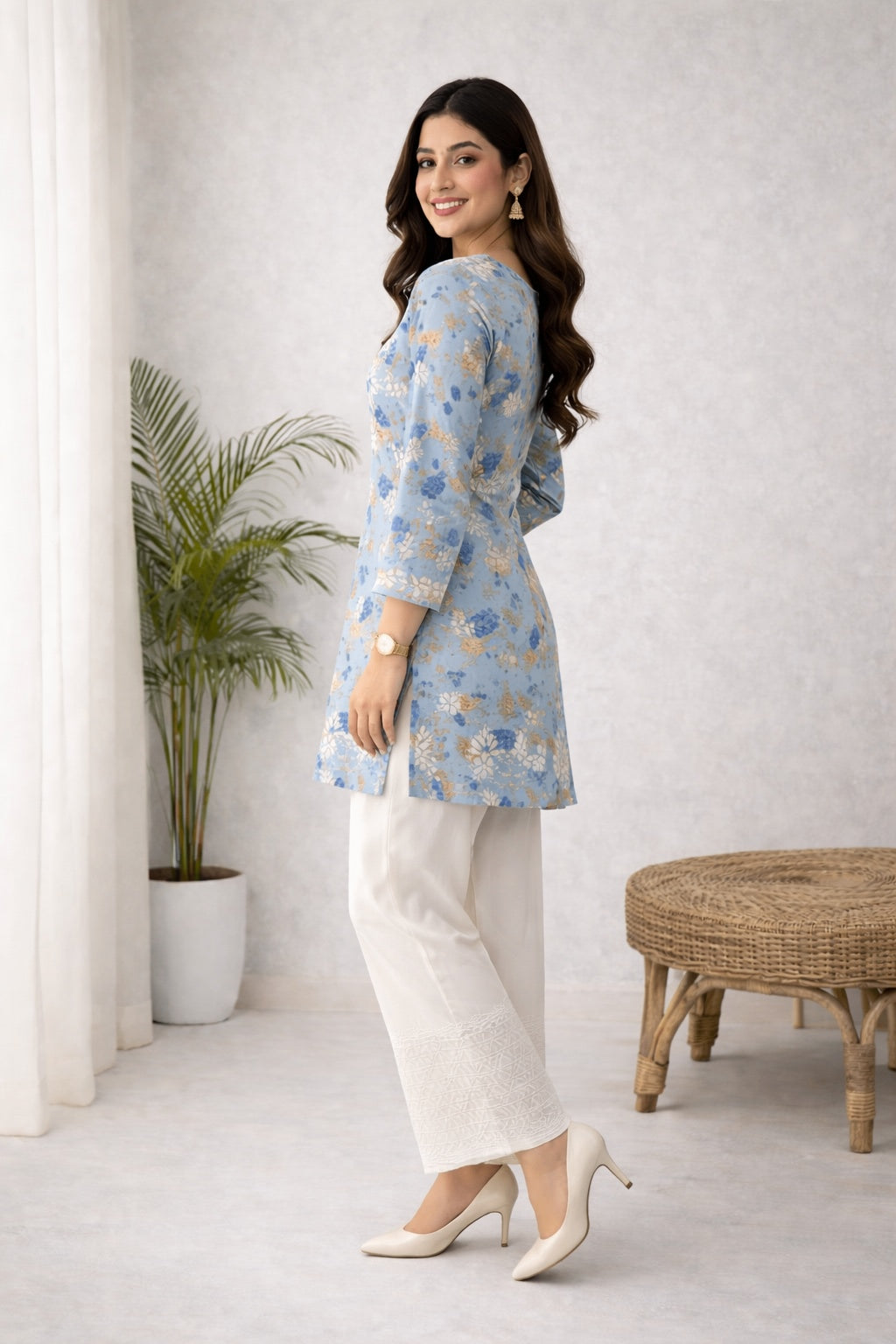 Karigiri Blue Floral Chikankari Cotton Short Kurti Women_KF0016