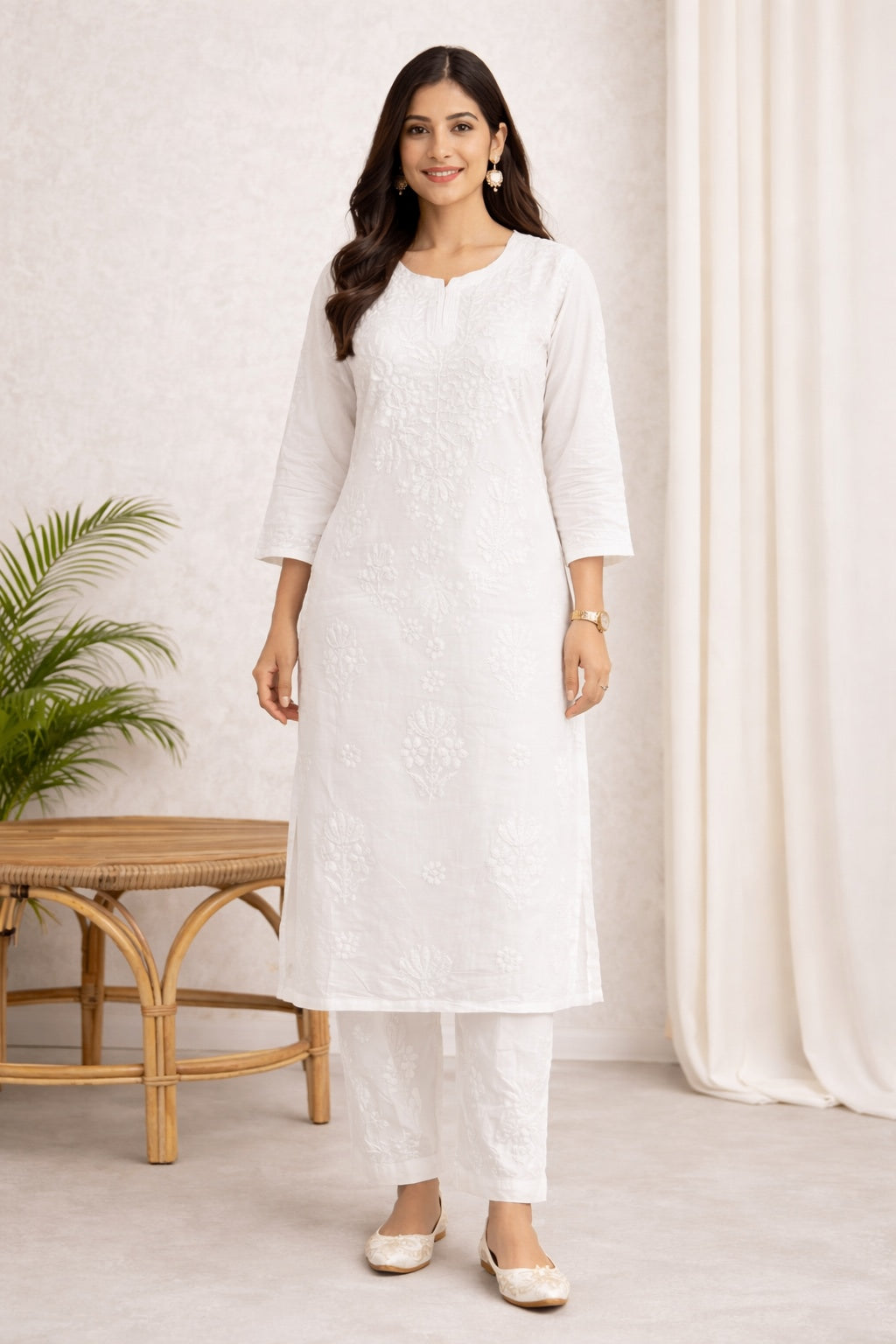 Karigiri White Floral Chikankari Cotton Kurti Set_KF0026