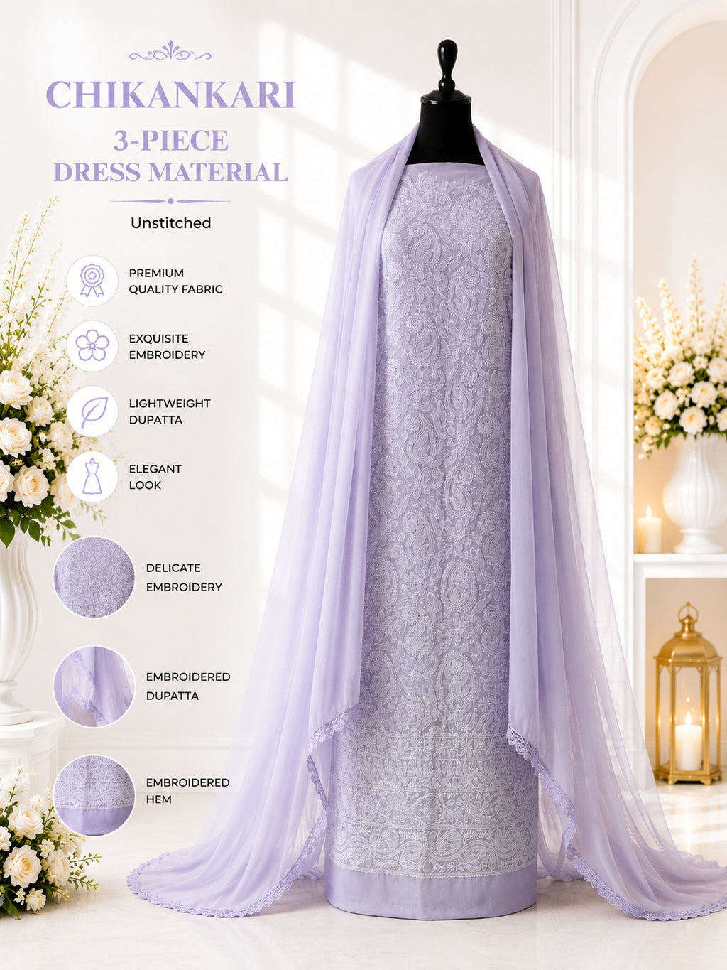 Karigiri Lavender Chikankari Hand Embroidered Dress Material
