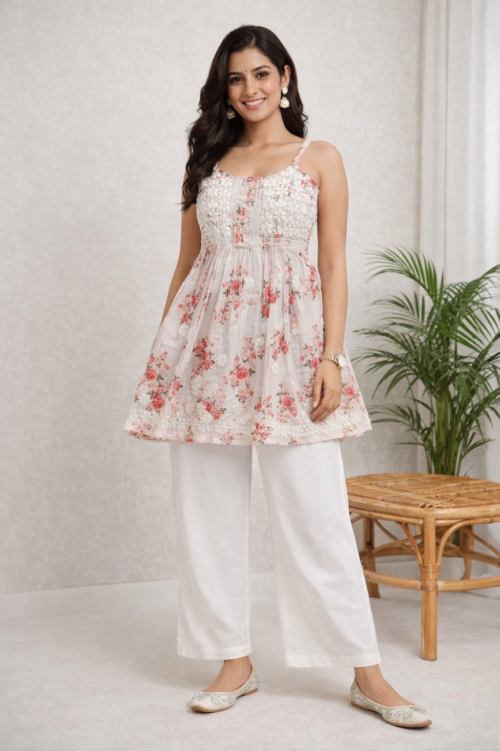 Karigiri Pink Floral Chikankari Printed Cotton Spaghetti Short Kurti_KF0148