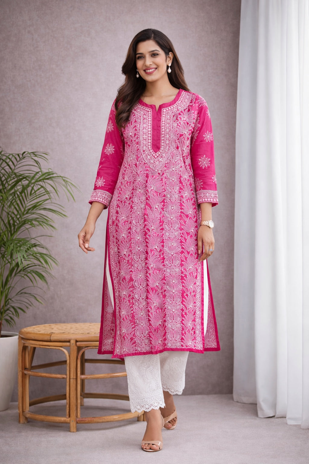 Karigiri Rani Pink Chikankari Georgette Kurti_KF0069