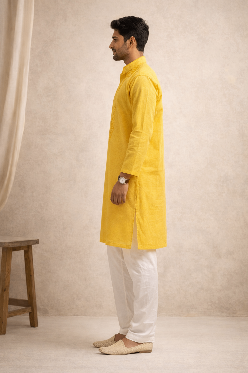 Karigiri Yellow Pure Cotton Chikankari Men's Kurta_KF0053