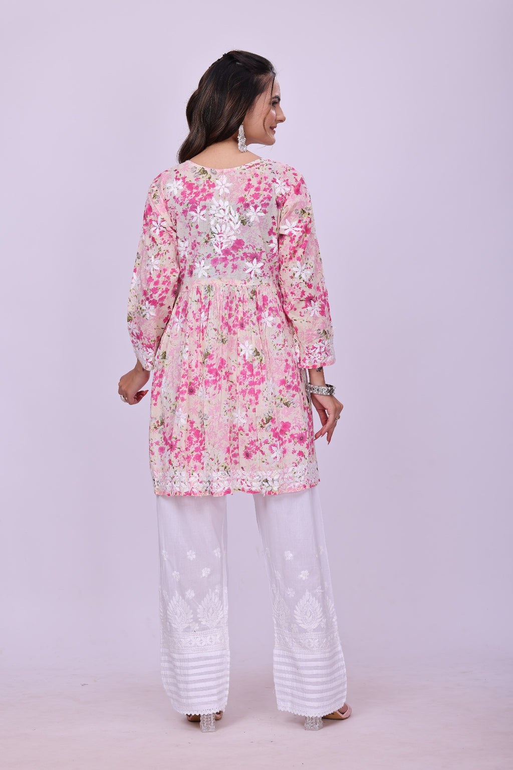 Karigiri Pink Floral Chikankari Frock Style Short Kurti for Women_KF0123