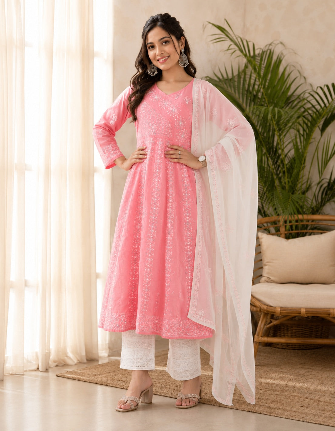 Karigiri Candy Pink Hand Embroidered Chikankari Cotton Anarkali Kurti