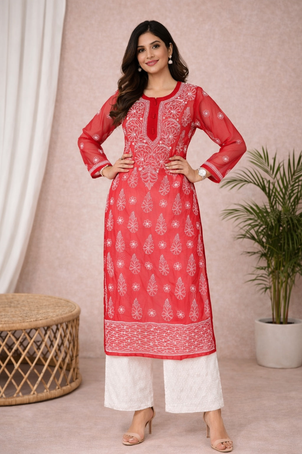 Karigiri Red Georgette Chikankari Kurti for Women_KF0171
