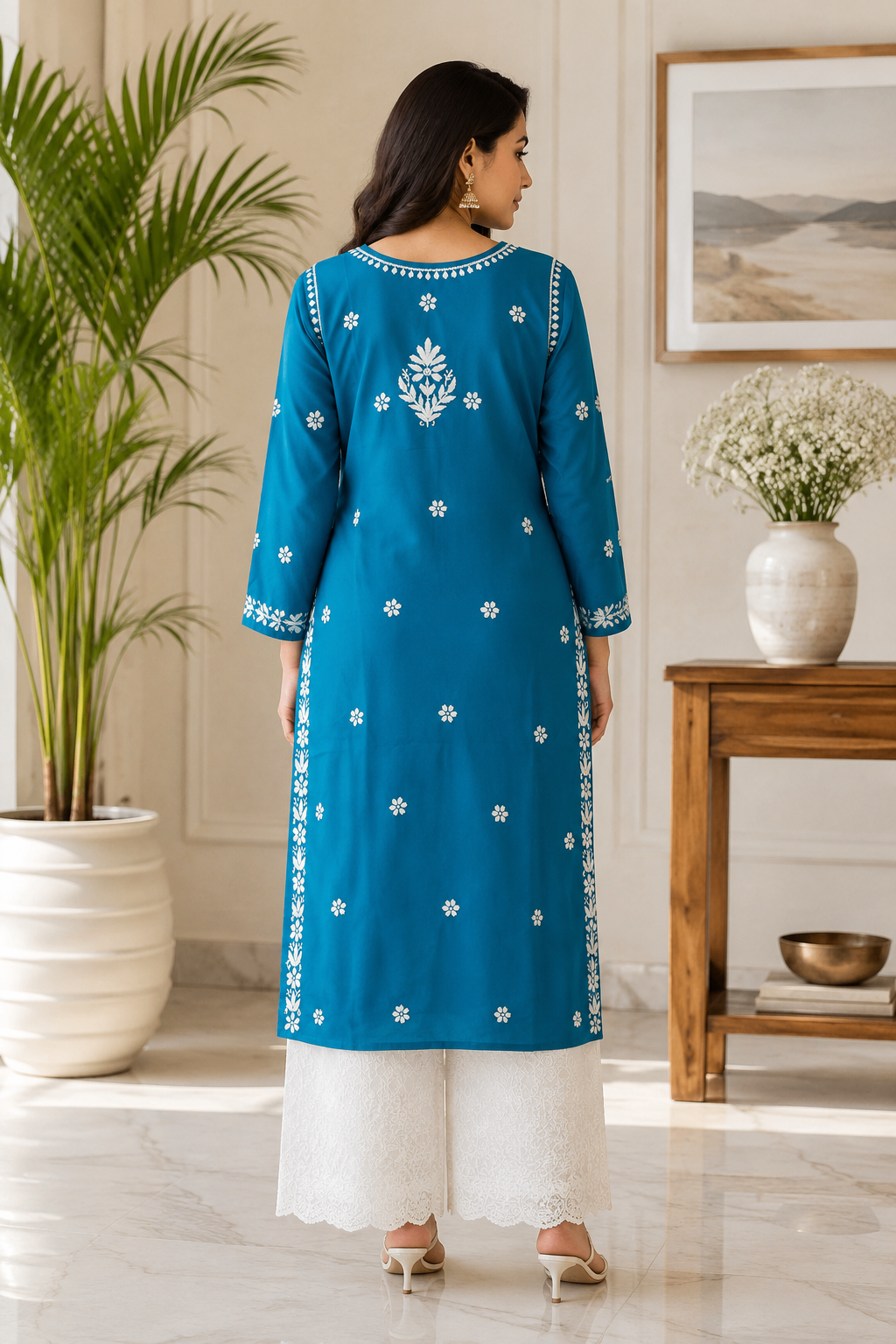 Karigiri Royal Blue Chikankari Mulmul Cotton Kurti_KF0174