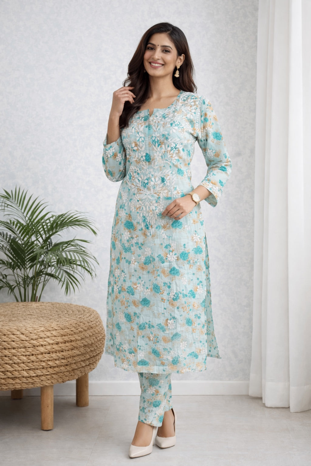 Karigiri Aqua Blue Chikankari Kurti Set Cotton_KF0001