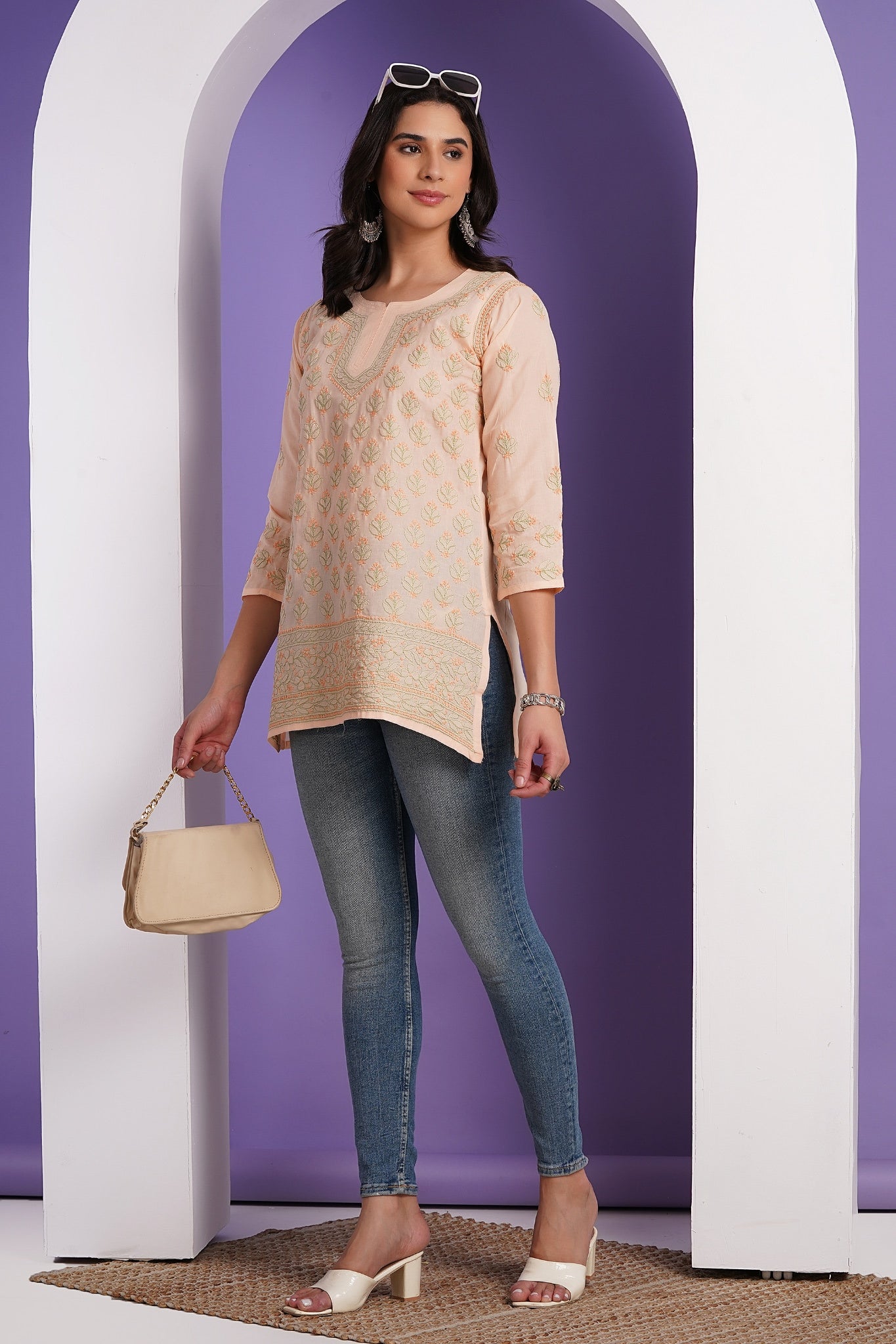 Karigiri Blush Peach Pure Cotton Chikankari Hand Embroidered Short Kurti