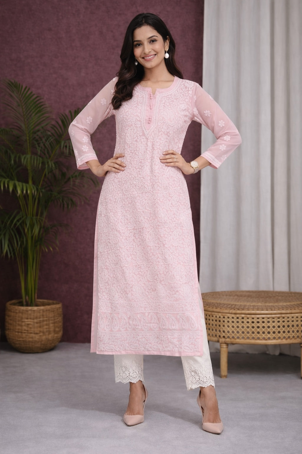 Karigiri Blush Pink Chikankari Georgette Kurti_KF0024