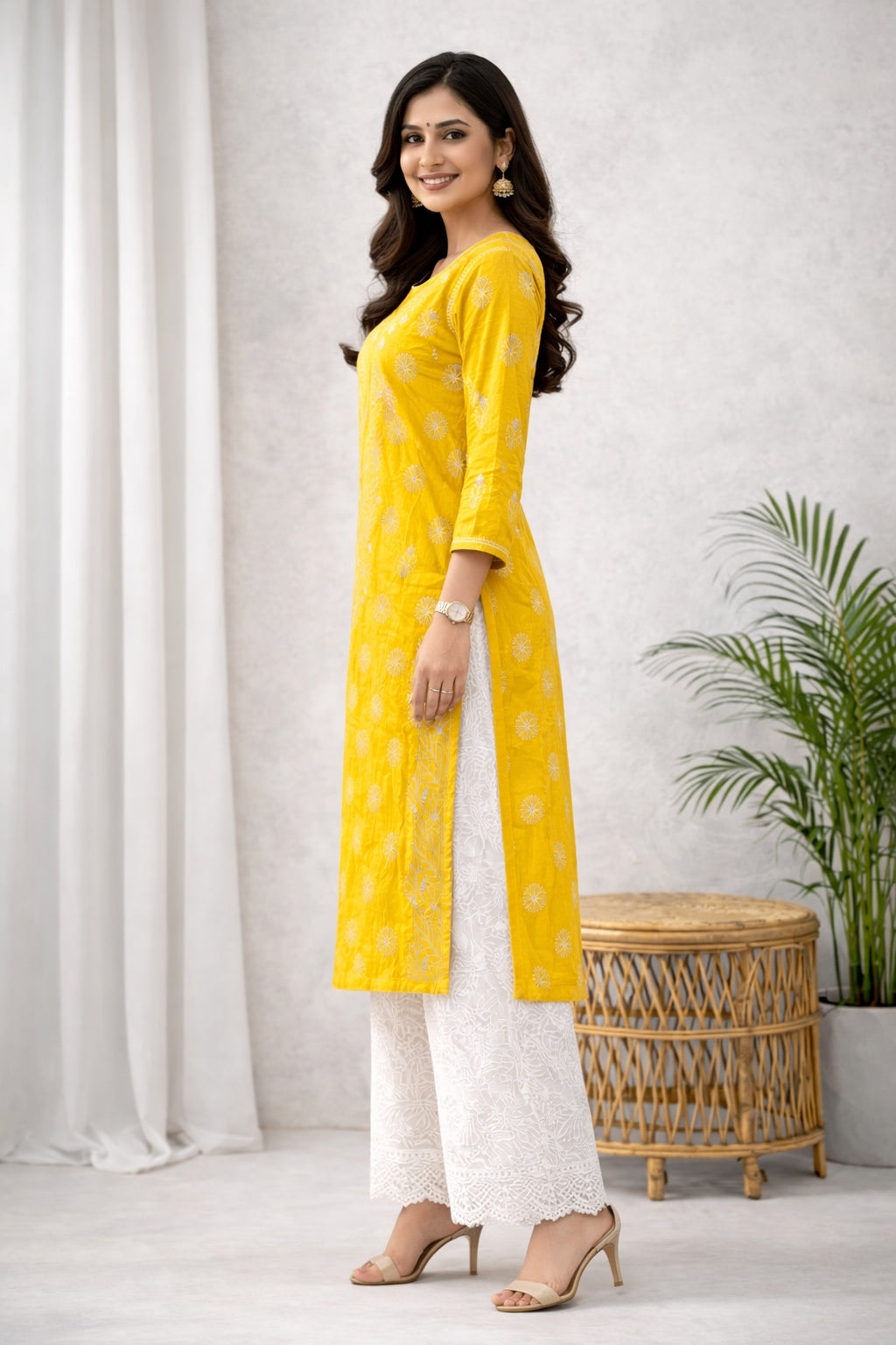 Karigiri Yellow Chikankari Rayon Cotton Kurti Women_KF0100