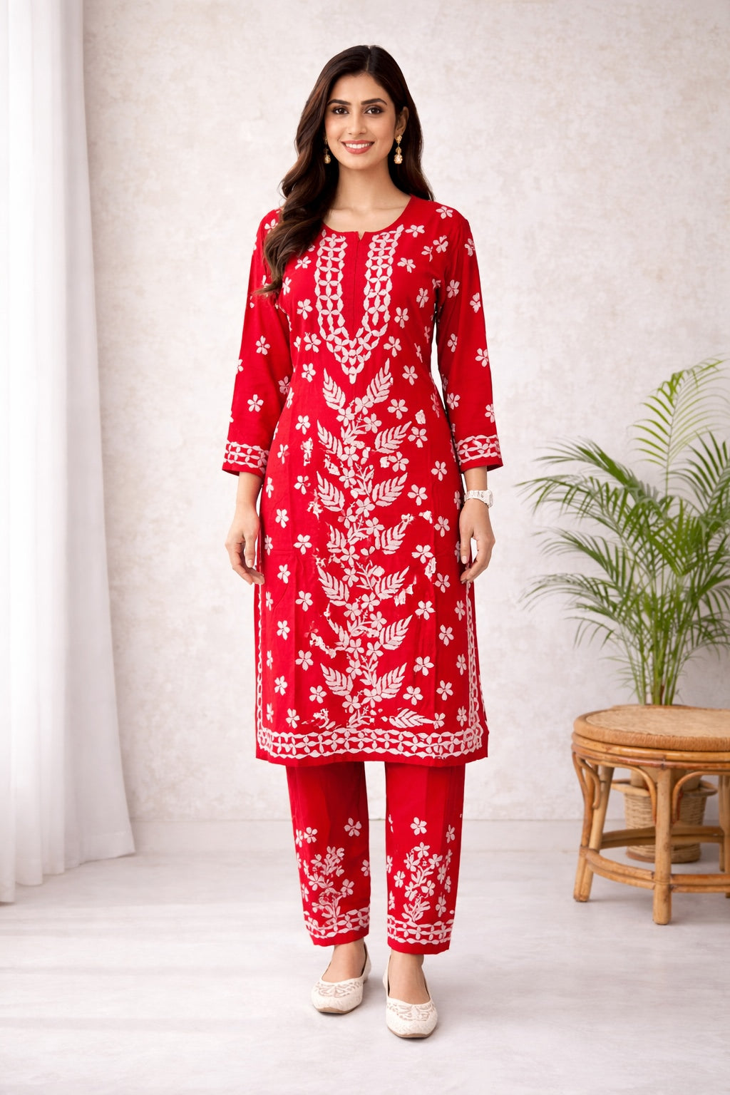 Karigiri Red Floral Chikankari Soft Mulmul Cotton Kurti Set_KF0164