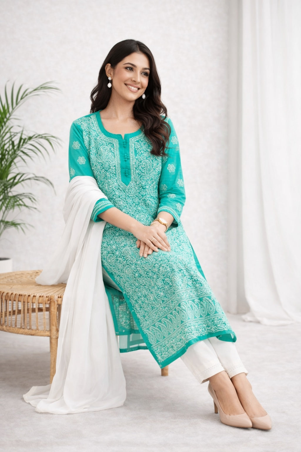 Karigiri Sea Green Chikankari Georgette Kurti Jaaldar work_KF0175