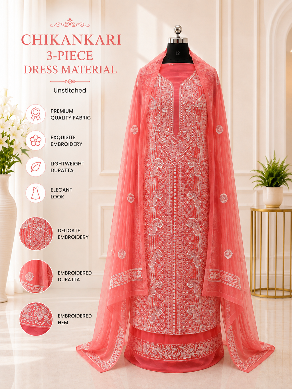 Karigiri Coral Pink Chikankari Georgette Unstitched Dress Material