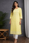 Karigiri Women’s Pure Soft Cotton Kurti, Lemon Yellow with Lucknowi Chikankari Embroidery, Straight Fit, Round Neck, 3/4 Sleeves