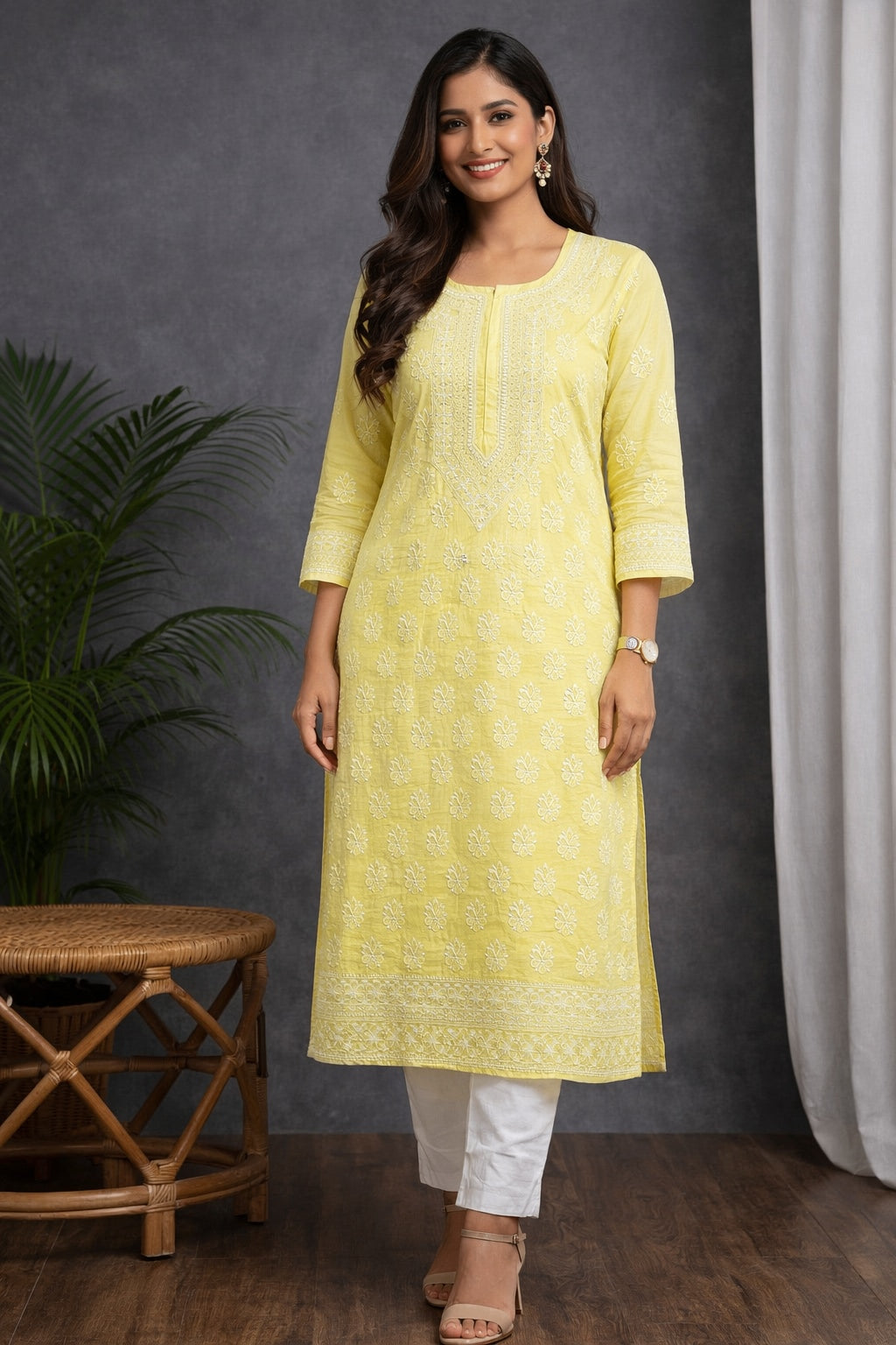 Karigiri Women’s Pure Soft Cotton Kurti, Lemon Yellow with Lucknowi Chikankari Embroidery, Straight Fit, Round Neck, 3/4 Sleeves