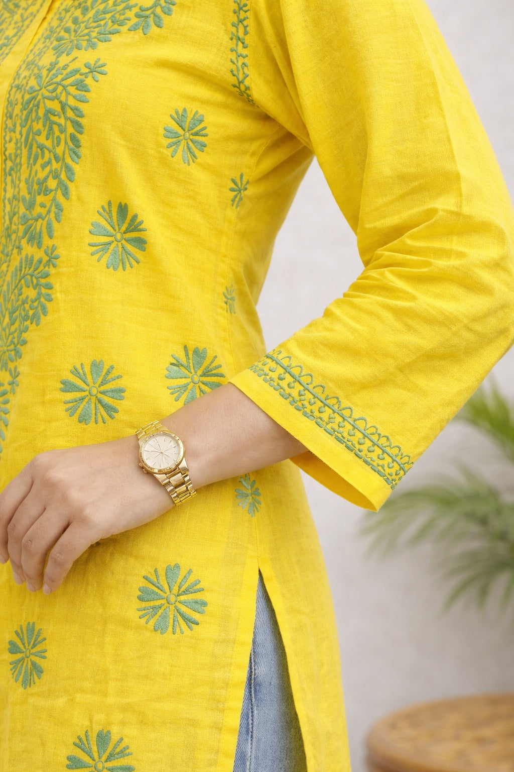 Karigiri Yellow Lucknowi Chikankari Short Hip Length Kurti with Green Thread Work, Hand Embroidered Pure Cotton, Straight Fit, Three-Quarter Sleeves, Round Neck