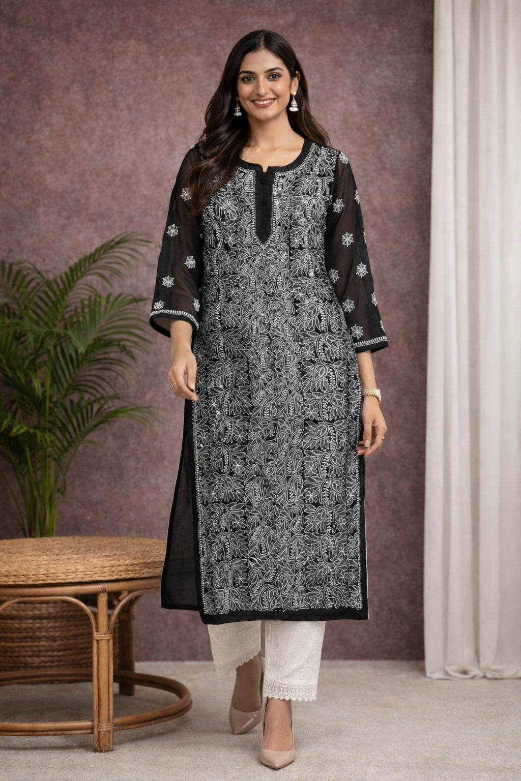 Karigiri Black Chikankari Georgette Jaaldar Kurti_KF0012