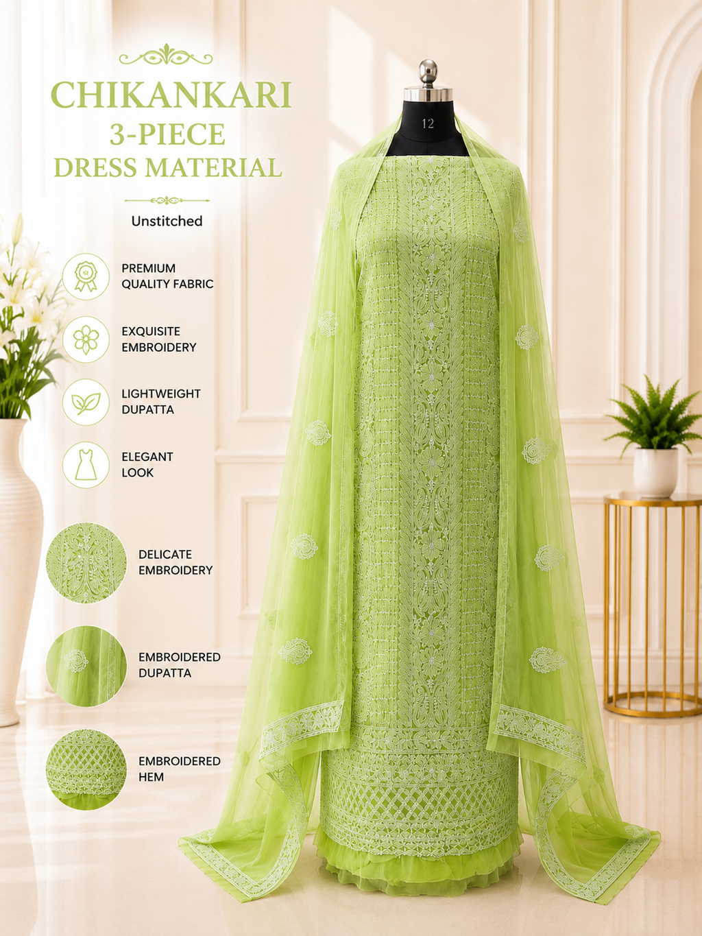 Karigiri Pista Green Chikankari Georgette 3-Piece Dress Material
