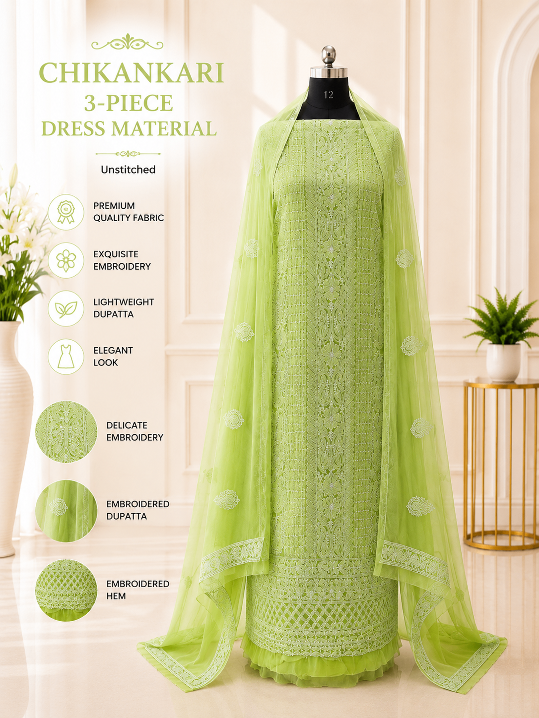 Karigiri Pista Green Chikankari Georgette 3-Piece Dress Material