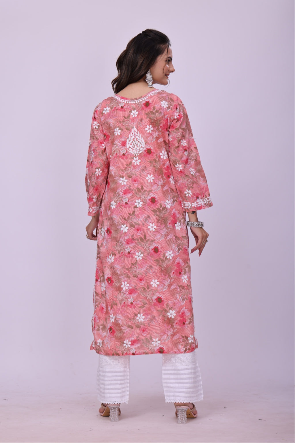 Karigiri Coral Pink Chikankari Printed Cotton Kurti_KF0028