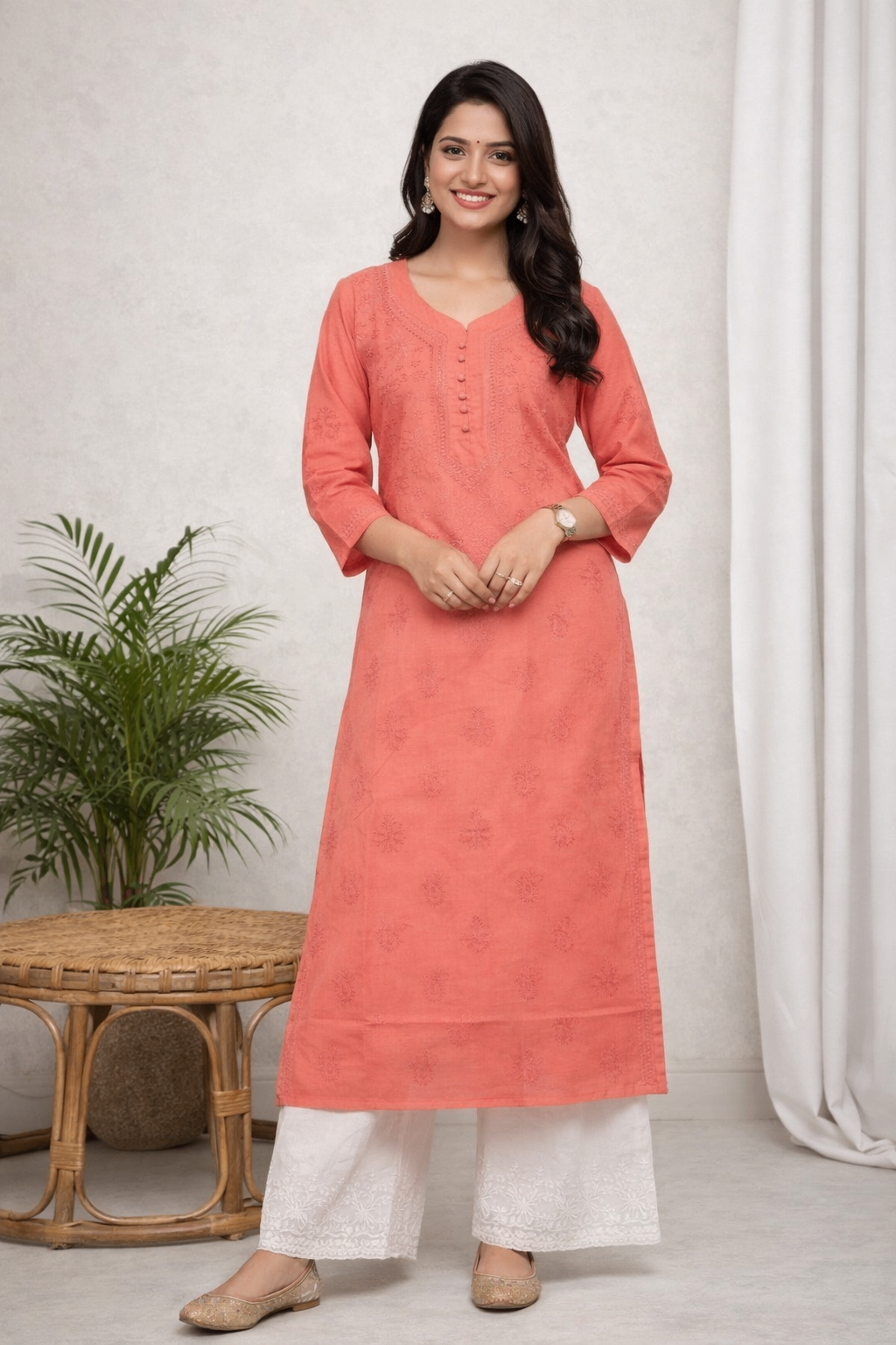 Karigiri Coral Peach Chikankari Cotton Kurti Women_KF0027