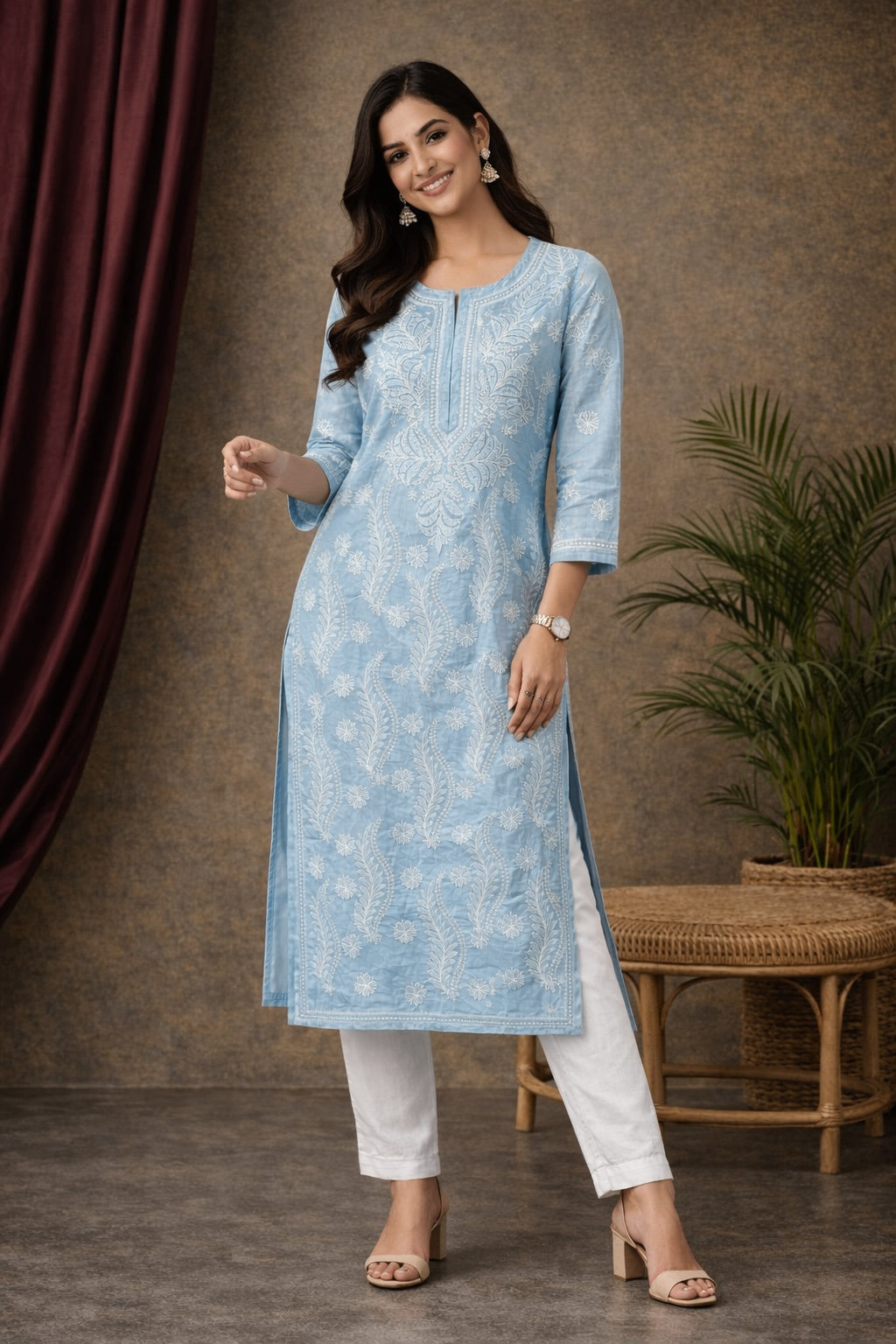 Karigiri Women’s Pure Soft Cotton Kurti, Light Grey with Lucknowi Chikankari Embroidery, Straight Fit, Round Neck, 3/4 Sleeves