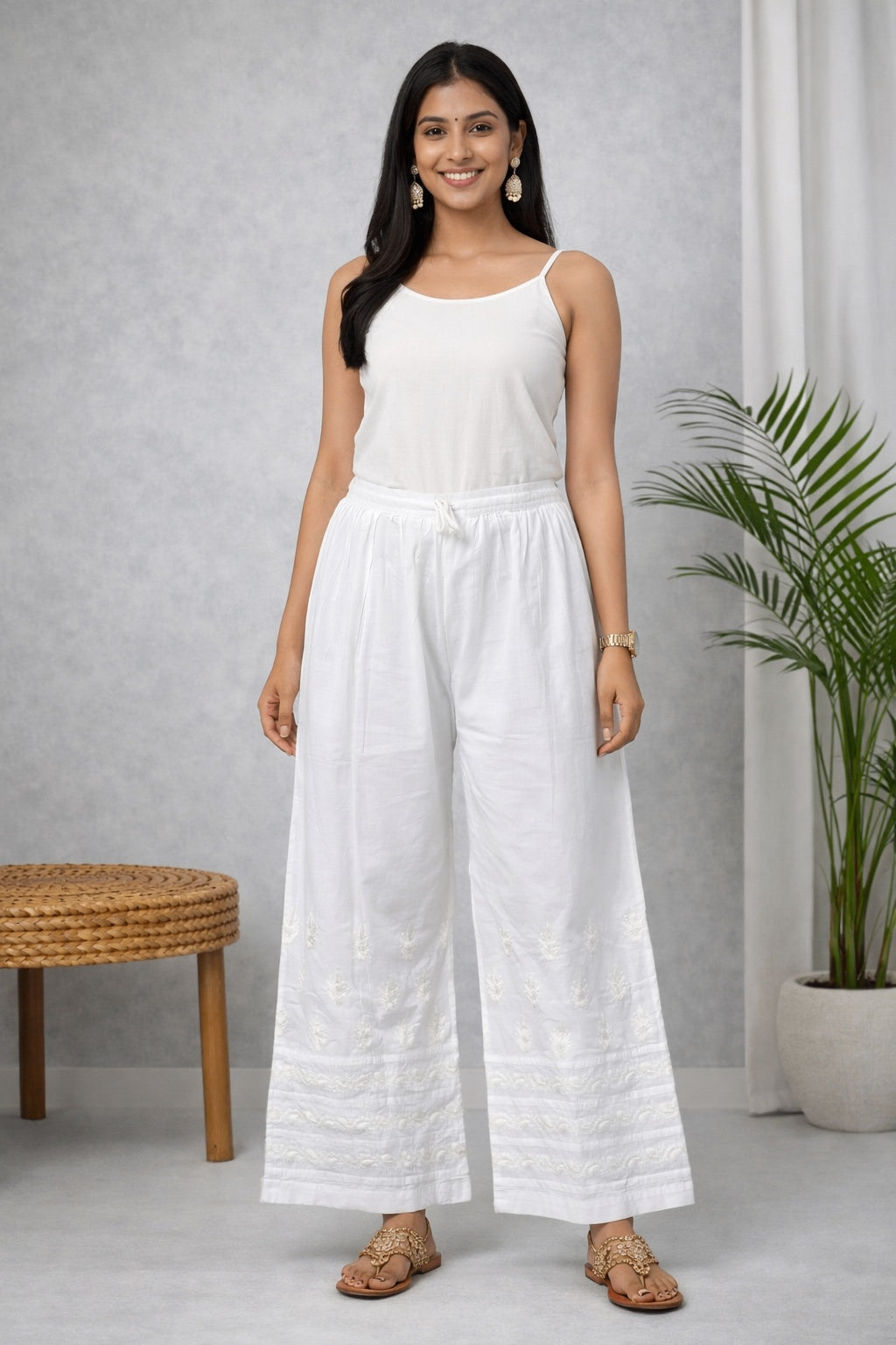 Karigiri White Chikankari Cotton Palazzo Pants_KF0197